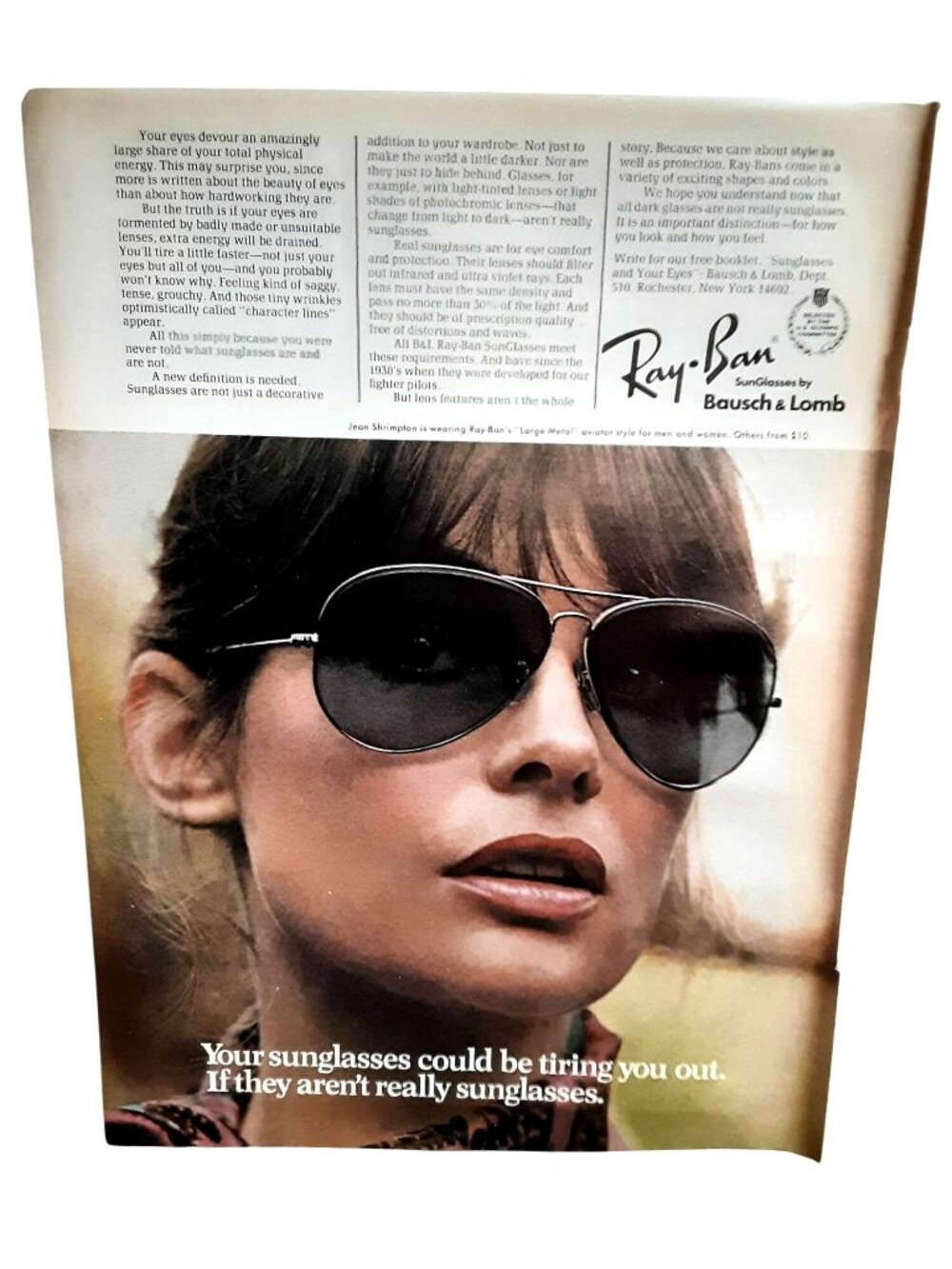 1975 Jean Shrimpton Ray-Ban Sunglasses Vintage Advertisement Bausch & Lomb Print